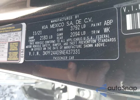 2022 Kia Forte Lxs из США, поврежденный, VIN 3KPF24AD9NE437331